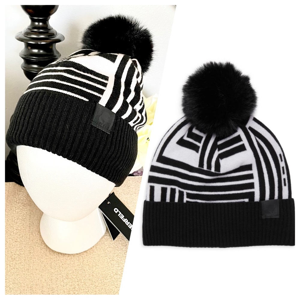 New Women’s Karl Lagerfeld Faux Fur Pom Beanie Hat
